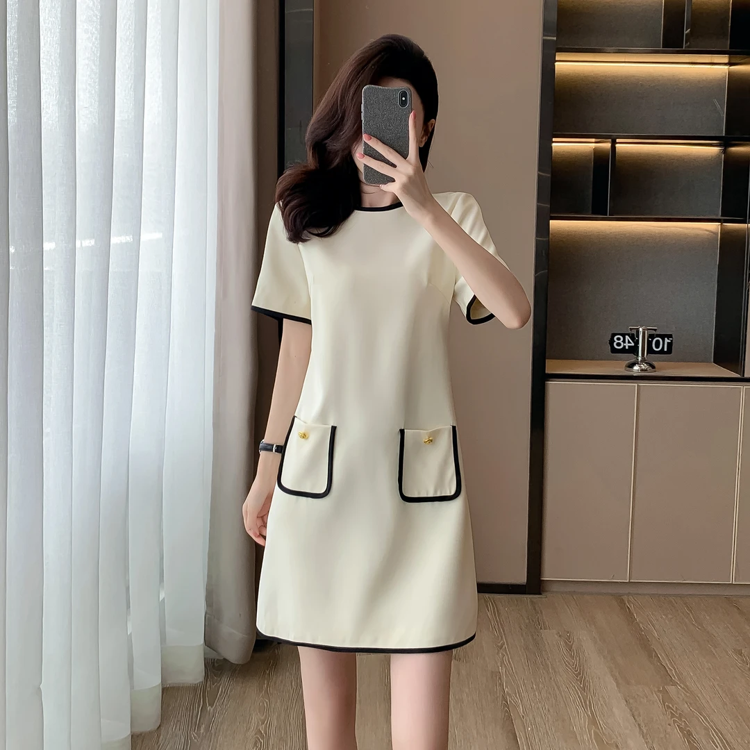 法式名媛气质小香风连衣裙女小个子夏季休闲洋气遮肉显瘦撞色裙子