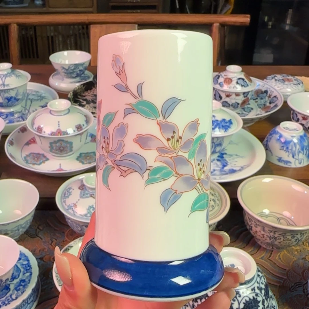 重工粉彩描金霁蓝茶筒纯手绘