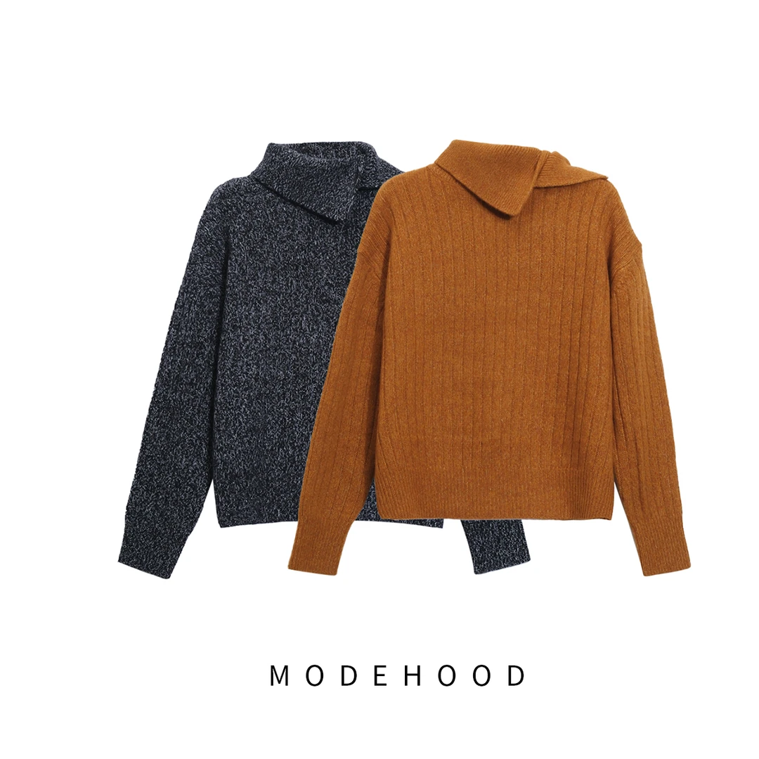 慕达赫【斜阳落日】优雅气质风不规则翻领套头斜领全羊毛毛衣
