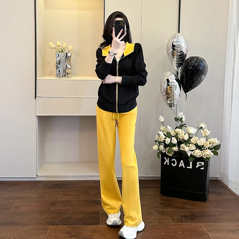 时尚休闲运动撞色连帽卫衣阔腿裤套装女减龄活泼设计显瘦两件套