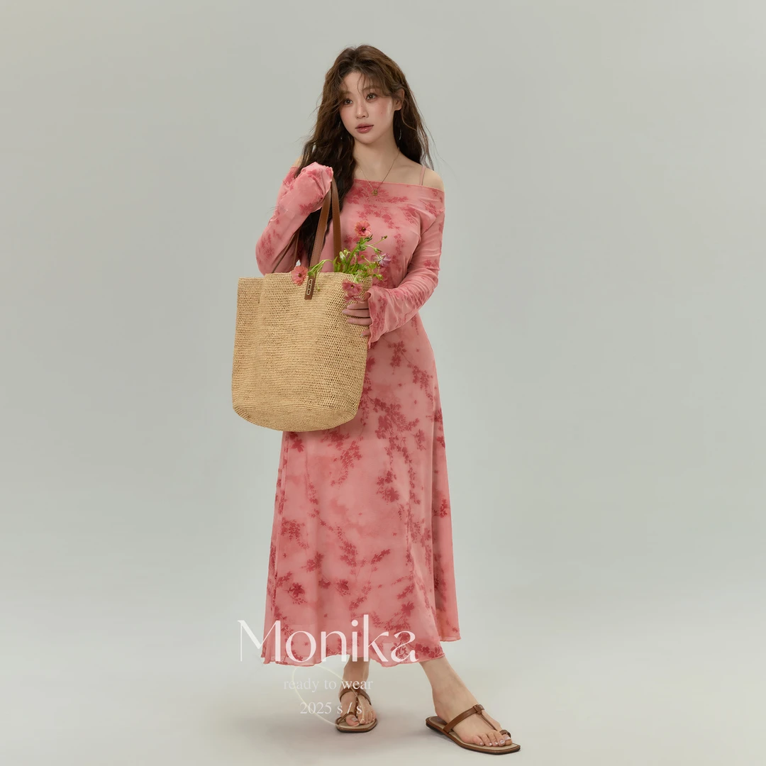 大码女装胖mm法式复古网纱印花长款植绒连衣裙+内搭吊带裙75666