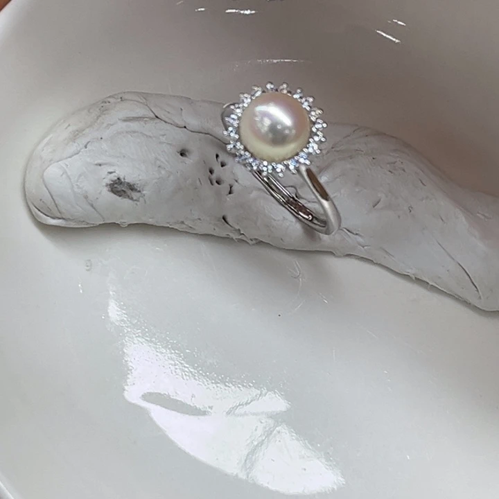 银S925镶嵌戒指海水珍珠7-8mmAK