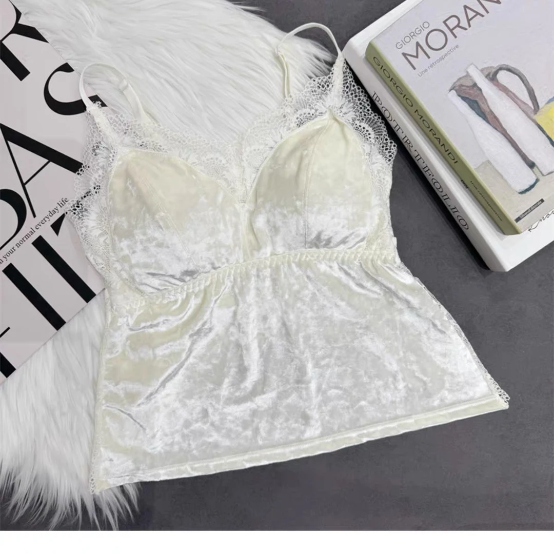 法式蕾丝丝绒性感花边吊带背心女外穿胸垫抹胸上衣X27233