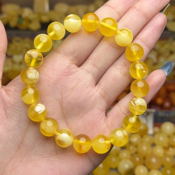 蜜蜡未镶嵌珠宝奇石208-微瑕放漏满金飘花圆珠手串卡10