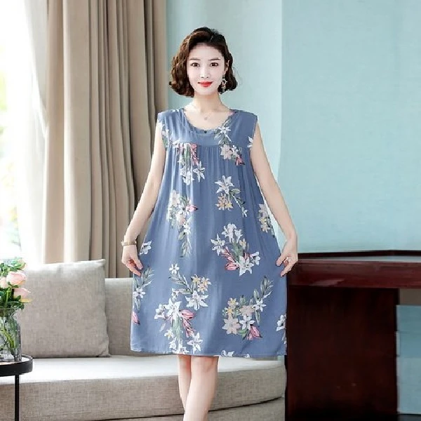 夏装棉绸妈妈装连衣裙夏季薄款宽松大码圆领透气家居服中长款睡裙
