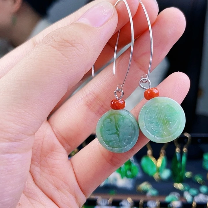 翡翠耳饰银S925镶嵌饰品