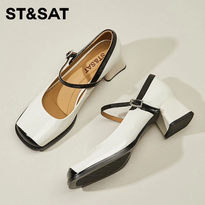 星期六真皮玛丽珍鞋女2025秋季新款气质高跟小皮鞋女粗跟方头单鞋