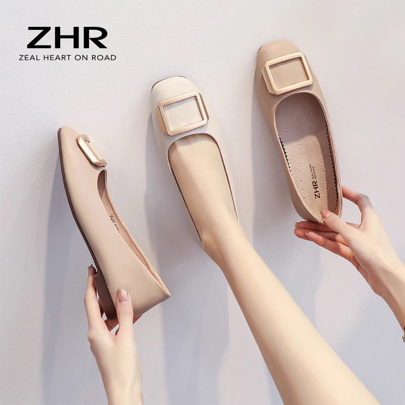 ZHR软底女温柔风方扣真牛皮乐福女时尚简约方头鞋子女ins潮牌百搭