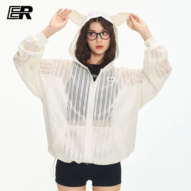 小米有品杜宾犬镂空连帽物理防晒罩衫女夏季新款美式设计感轻薄透