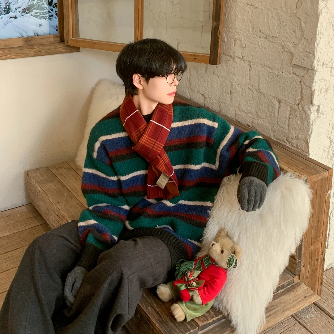 白口阳【圣诞费尔岛】圆领保暖毛衣穿搭同款冬季条纹针织衫男990960