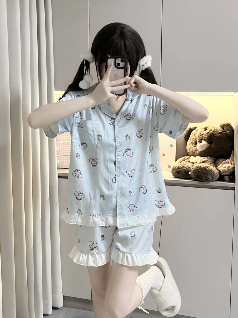 原创!夏季料理鼠王新款可爱冰丝睡衣女甜美软萌舒适家居服套装