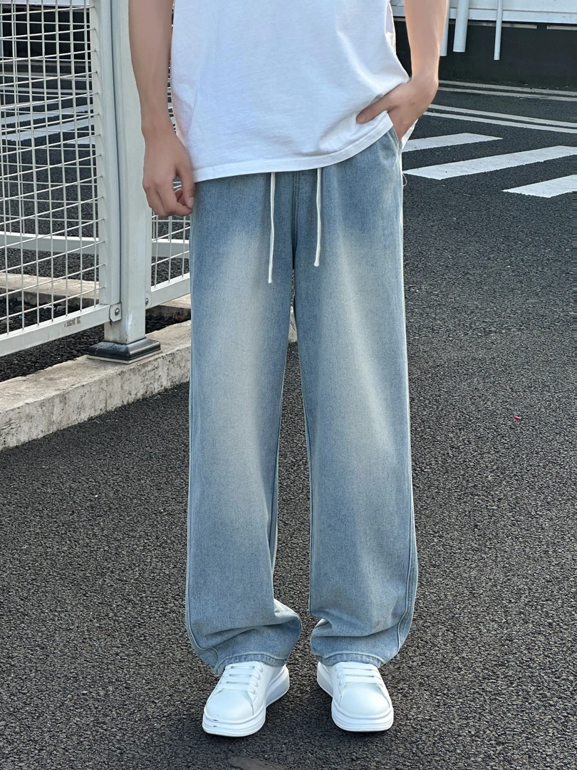 美式水洗蓝牛仔裤男秋季高街潮牌cleanfit抽绳直筒牛仔裤百搭宽松