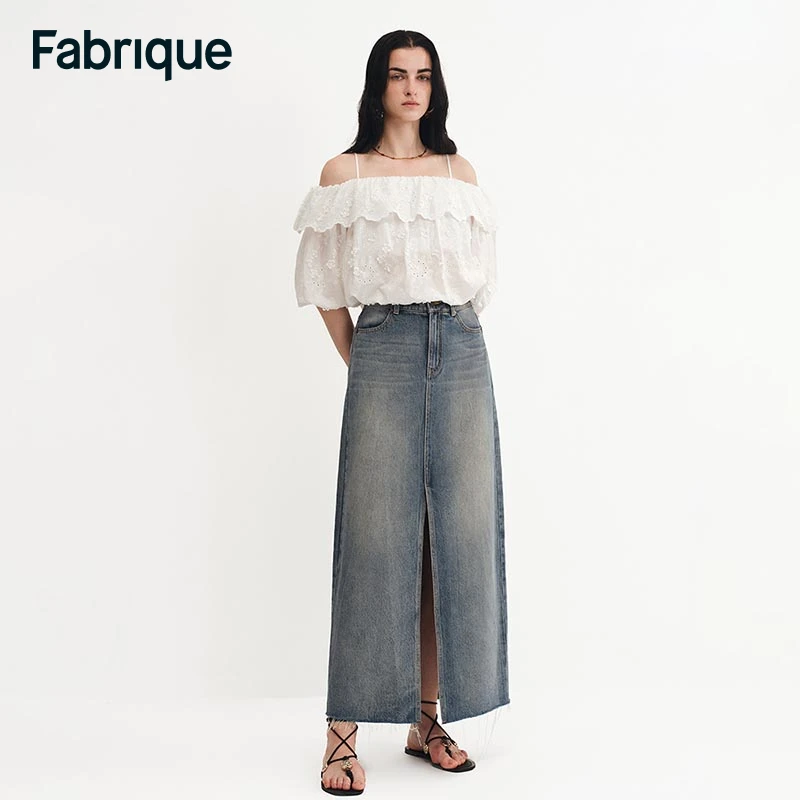 【Fabrique】Denim 春夏新款水洗做旧纯棉牛仔毛边休闲百搭开衩半裙