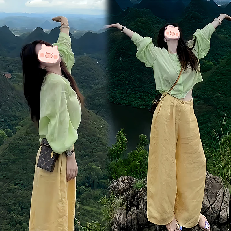 巨好看的初秋套装多巴胺穿搭薄款衬衫上衣搭配休闲裤显瘦两件套女