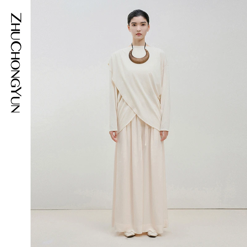 ZHUCHONGYUN2025春新款米白色时尚优雅配腰带阔腿长裤子C1FZ15215