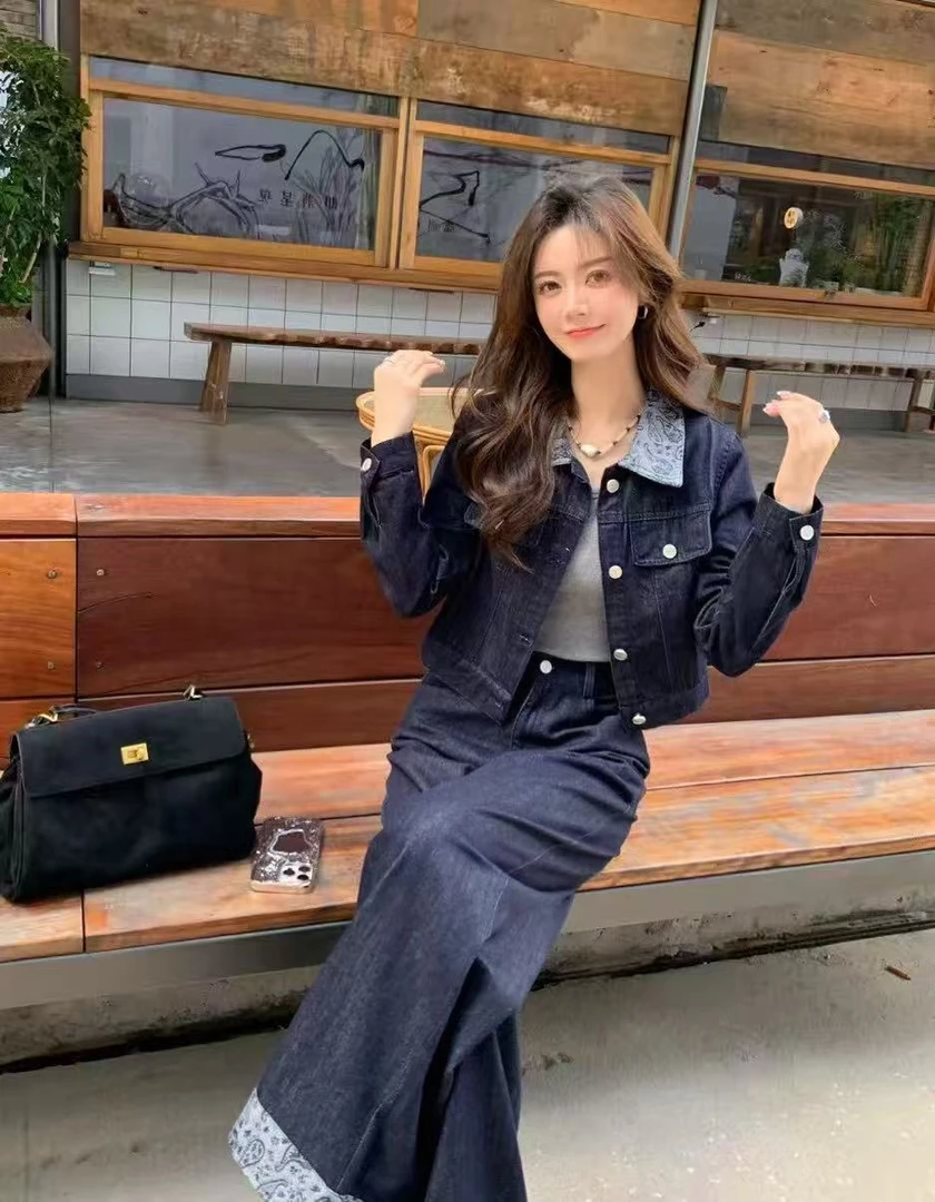 拼色极简洋气减龄牛仔外套+高腰阔腿裤女2025秋季新款潮流两件套