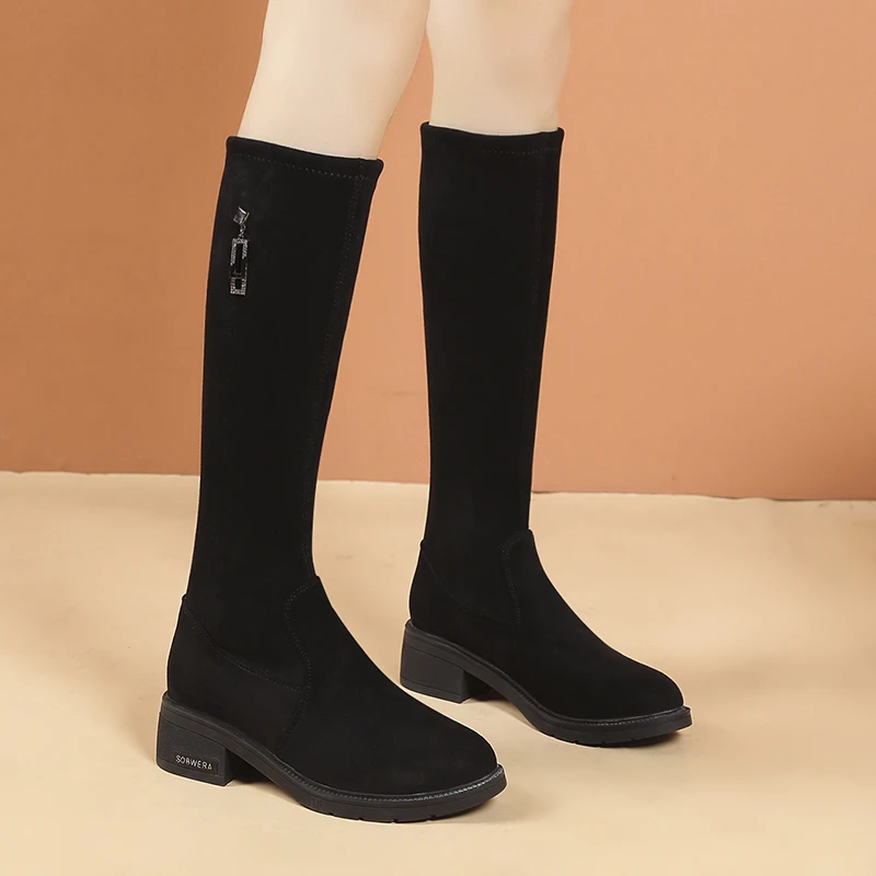 高跟长靴女不过膝长筒袜靴2025年秋冬新款弹力靴粗跟小个子瘦瘦靴