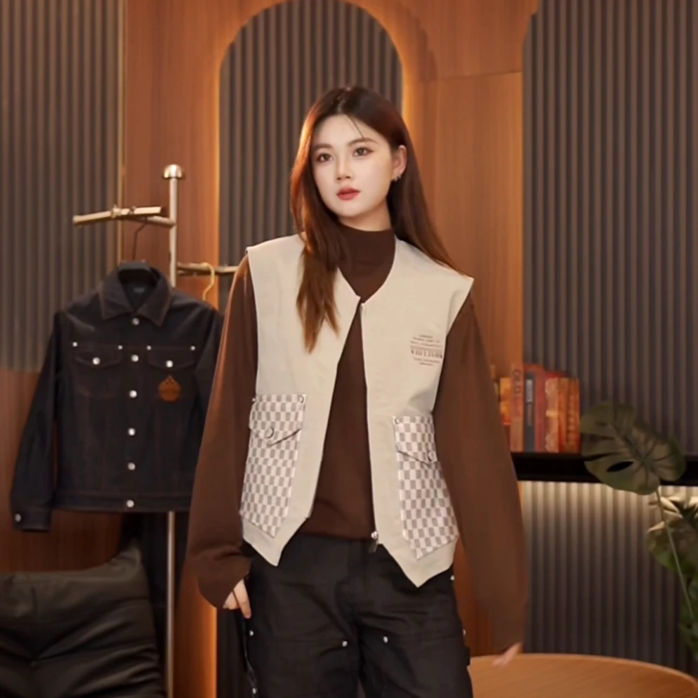 【林林】2025秋季新款撞色棋盘格百搭无袖叠穿马甲外套YG-83201