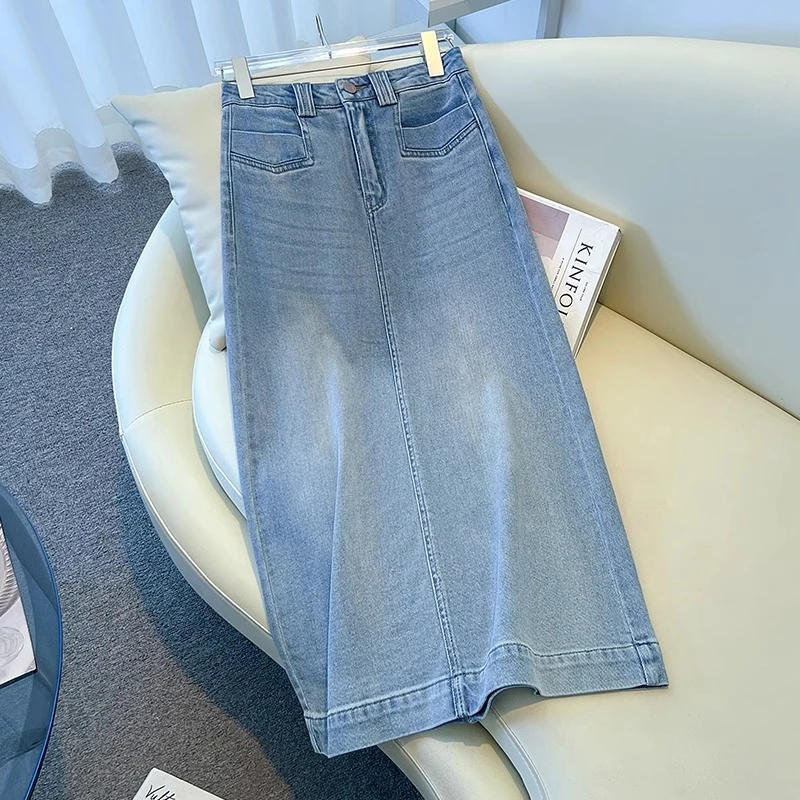 浅蓝色牛仔半身裙女夏季2025新款高腰显瘦直筒裙百搭后开叉包臀裙