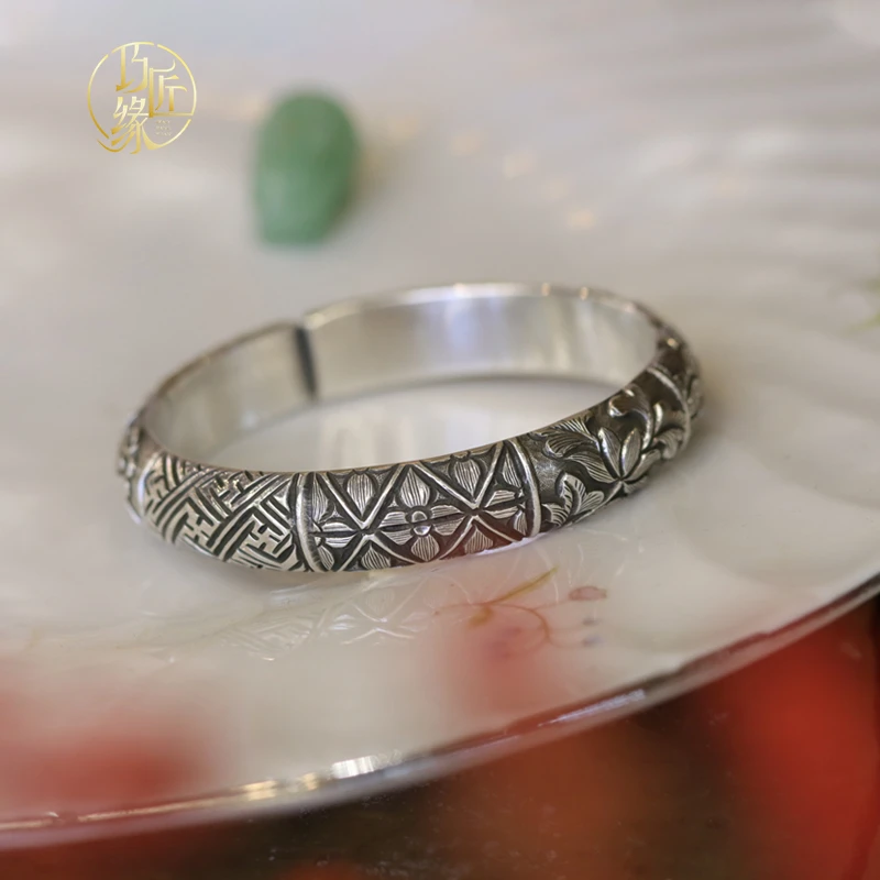 足银手镯 巧匠缘|八段锦|纯银手镯 足银999 纯手工制作 高浮雕