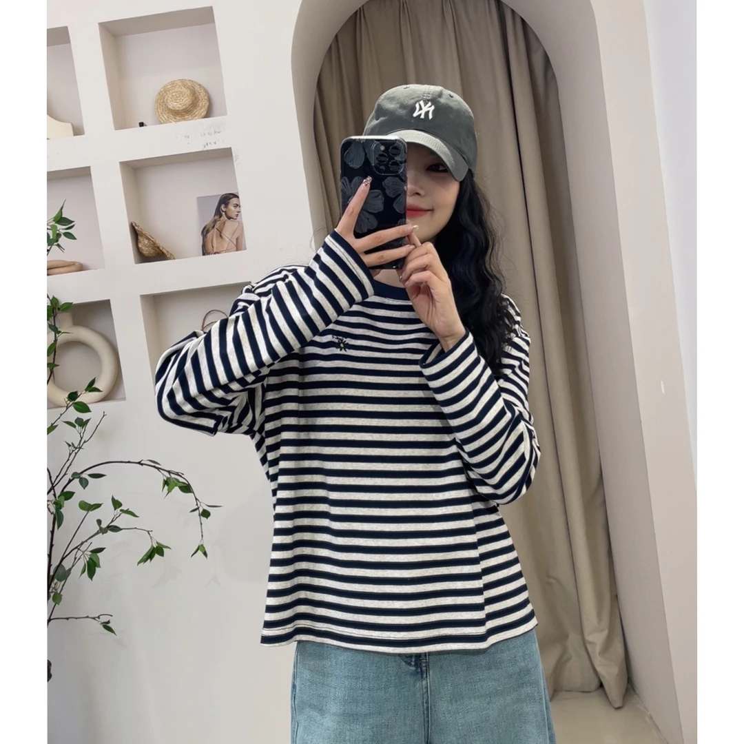 韩系小雏菊刺绣条纹长袖T恤女春季新款圆领宽松百搭显瘦休闲上衣