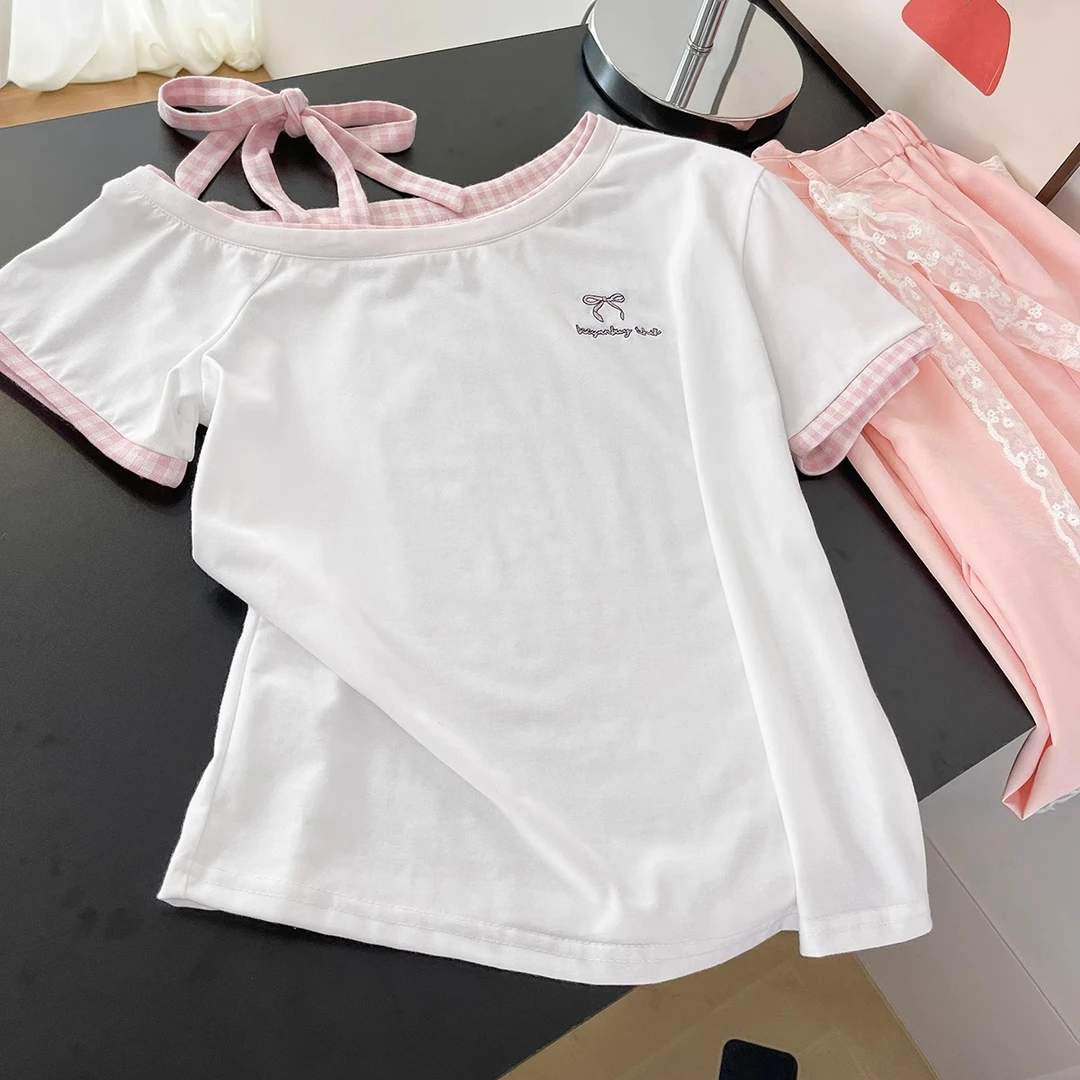 夏季新款白色拼接格子系带宽松百搭气质上衣女斜肩一字肩短袖t恤