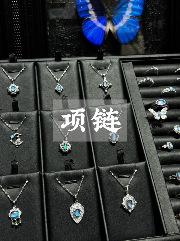 吊坠925银玻璃 925银制品 大蓝闪蝶镶嵌银项链首饰礼物