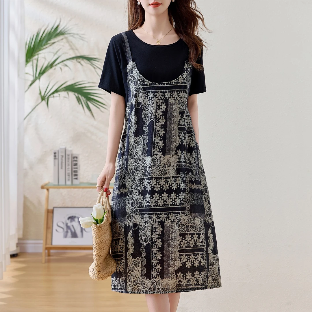假两件拼接连衣裙女夏2025新款中年妈妈时尚宽松休闲减龄印花裙子