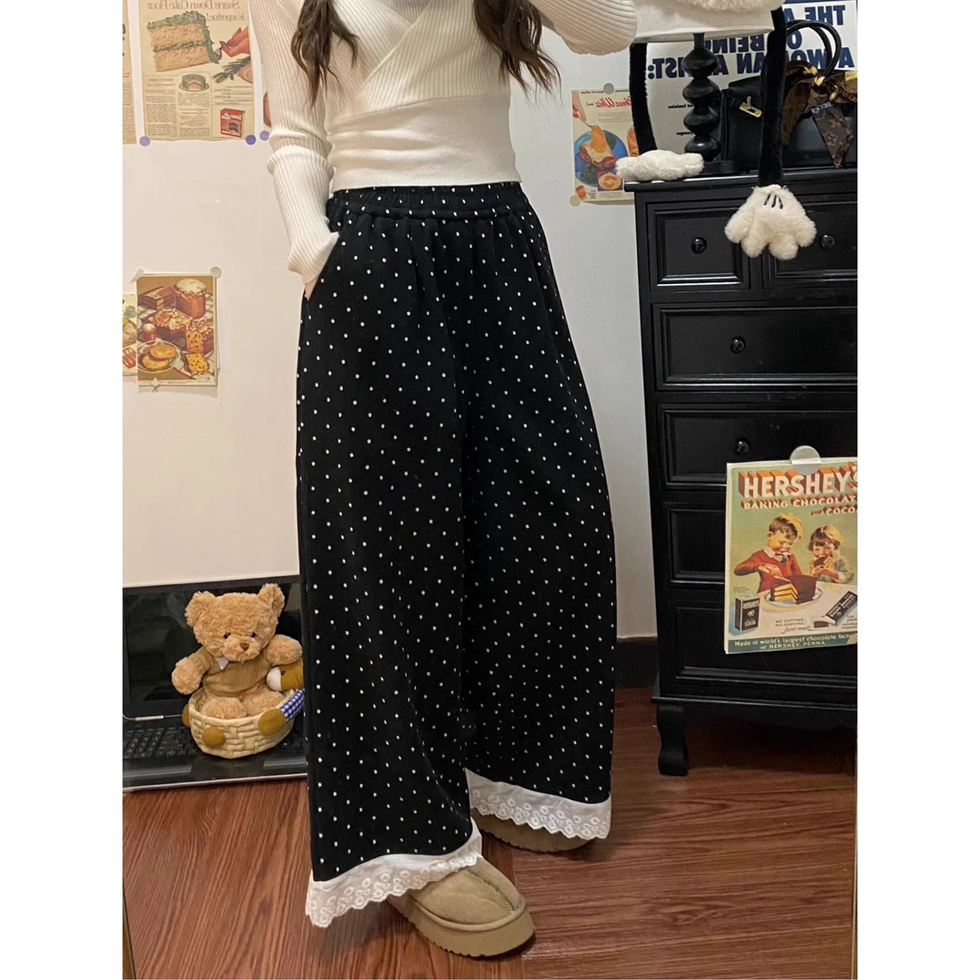 高腰波点春款休闲裤百搭复古ol宽松显瘦直筒时尚长裤韩版