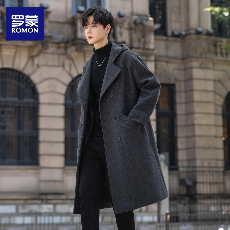 罗蒙连帽休闲时尚高级感痞帅毛呢大衣男装轻熟风纯色抗皱过膝外套