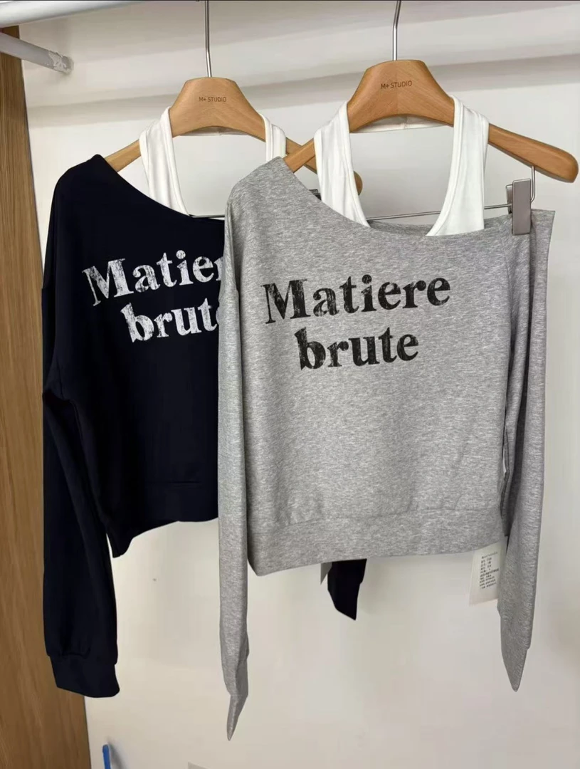 温柔瑶-MEET秋款福利#韩系斜肩字母挂脖背带卫衣kc#5735