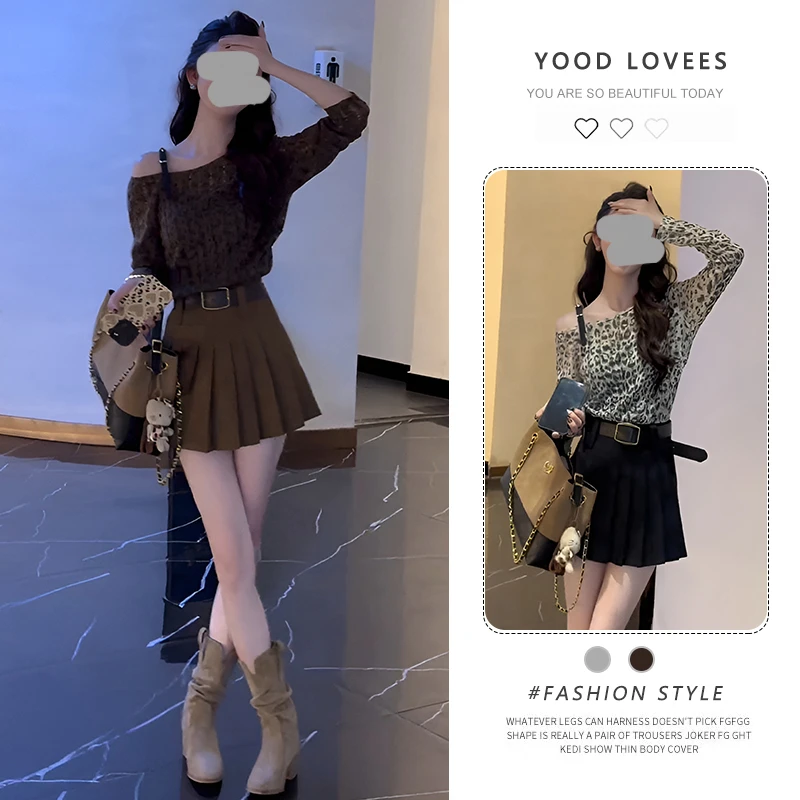 2025春秋新款韩版时尚豹纹露肩长袖T恤高腰显瘦百褶半身裙两件套