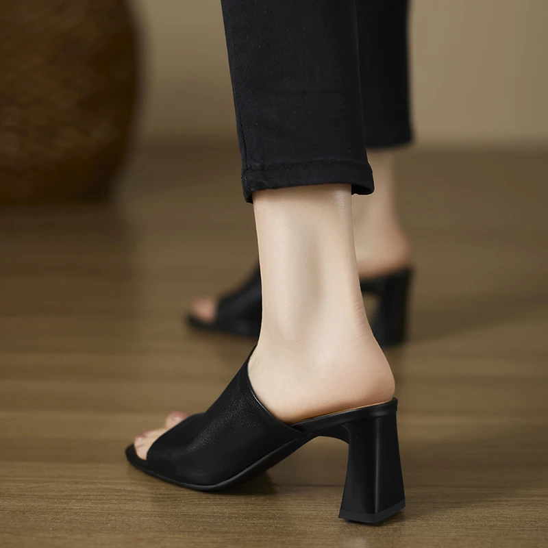修悦女鞋6.5cm小个子高跟方头凉鞋女夏季一字拖外穿黑色真皮女鞋