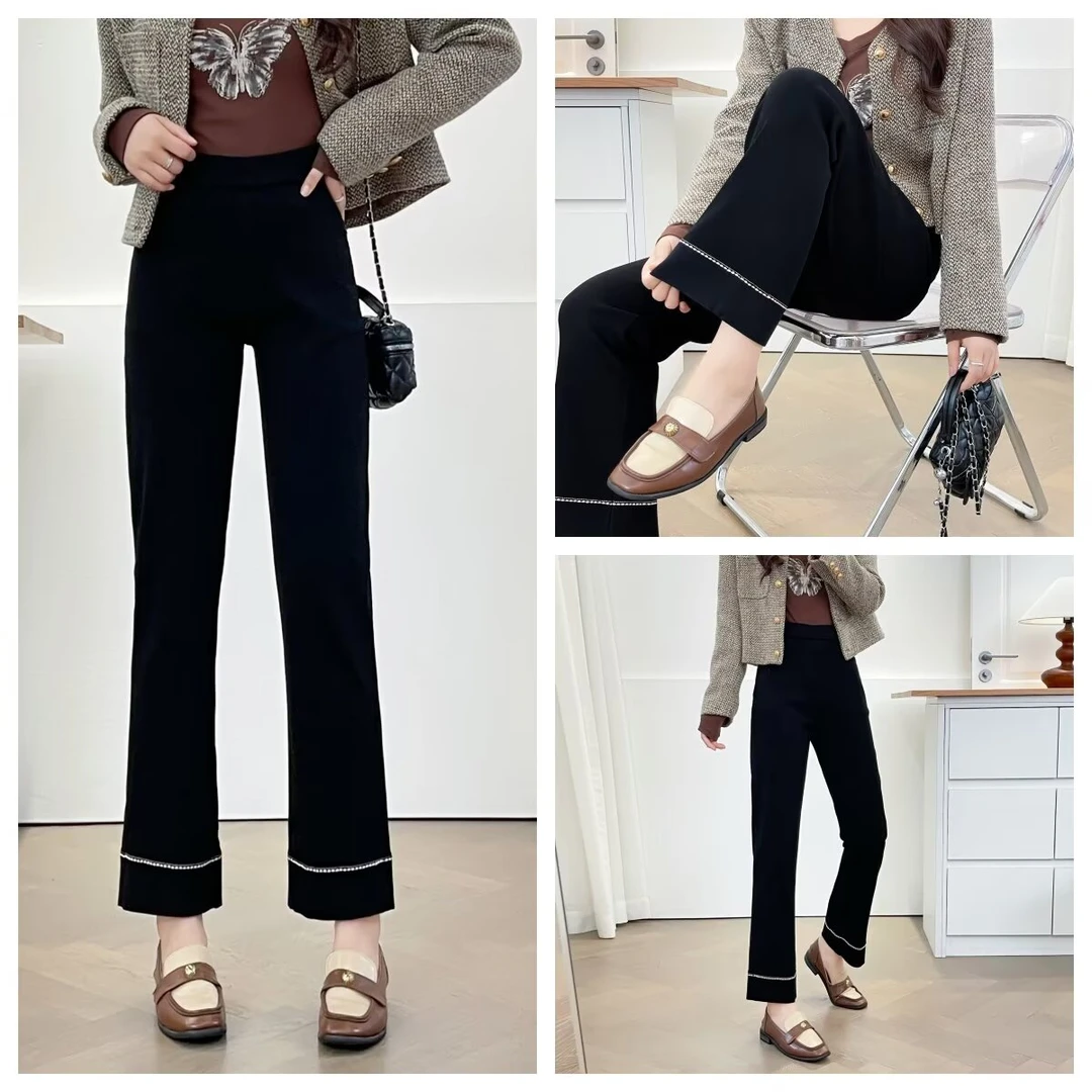 大码女裤休闲裤秋季新款高腰弹力直筒裤百搭小黑裤显瘦九分裤6877