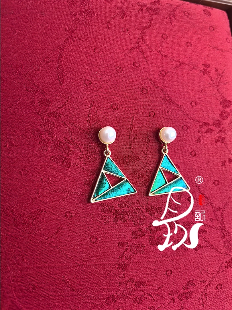 月玖记仿点翠昱珀几何三角耳钉吉丁虫新中式国风百搭小众轻奢法式