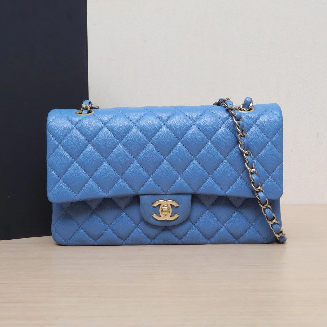 99新 Chanel/香奈儿 小花JerryCF 口盖包 中号 25.5cm 蓝色 30开