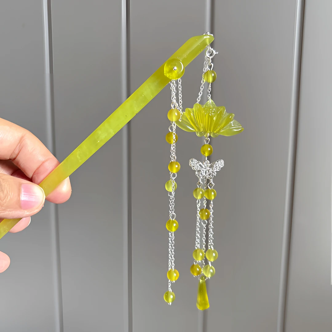 岫玉荷花手工步摇流苏发簪 天然玉石默认微瑕工具印 no退换