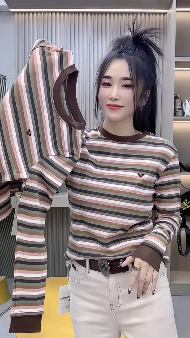 欧货复古撞色拼接条纹长袖t恤女2025新款修身显瘦打底衫时尚上衣