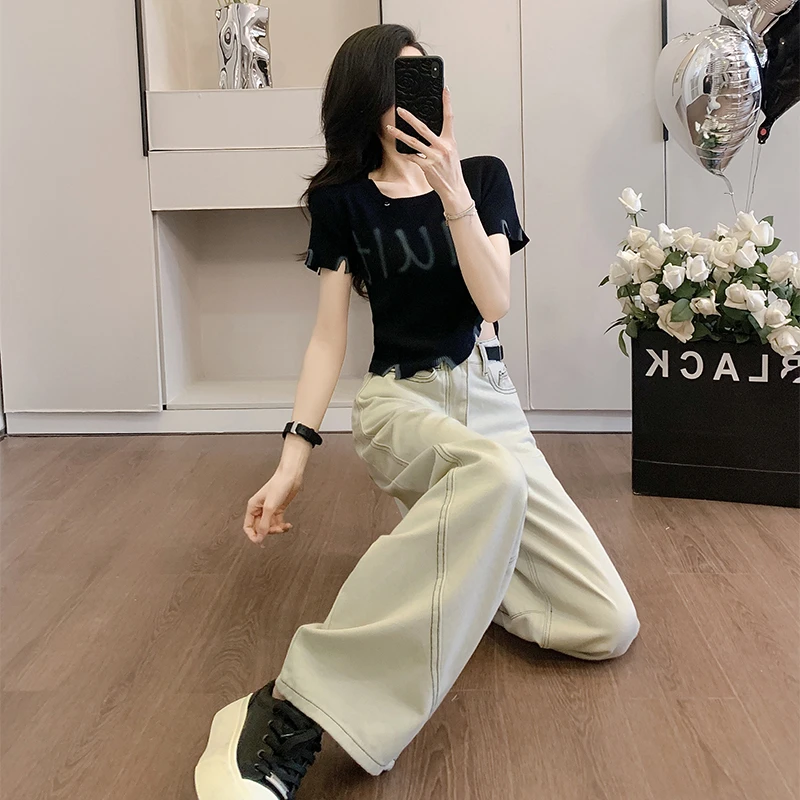 美式穿搭休闲运动套装女夏季炸街黑色U领短袖T恤高腰牛仔裤两件套