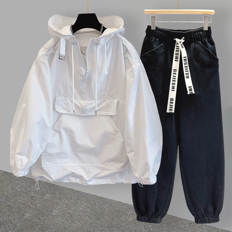 春秋薄款连帽冲锋衣套装韩版潮流百搭宽松大码潮牌工装风衣外套