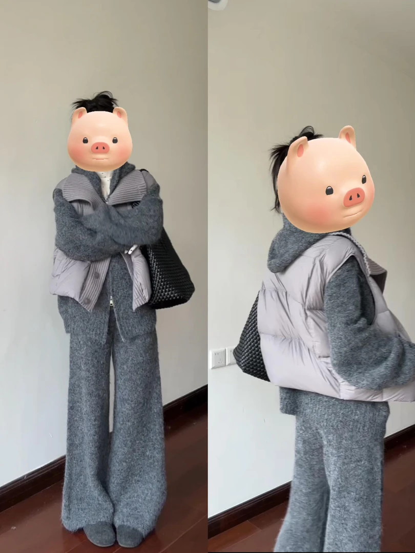 2025秋冬新款韩系灰色连帽针织开衫保暖无袖背心棉服休闲裤三件套