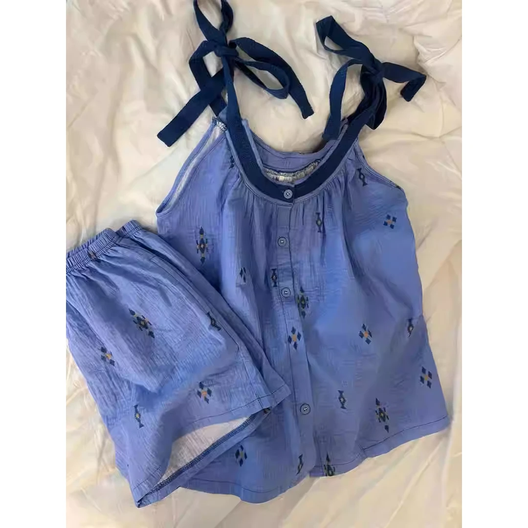 【蓝心碎花】韩系双层棉纱睡衣女2025夏季新款吊带短裤套装家居服