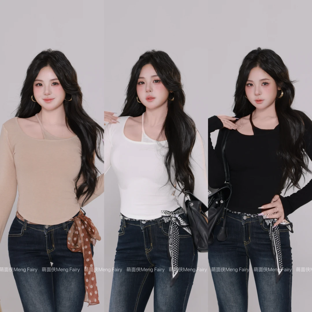 现货萌面侠【少女蜜语】长袖纯色U领简约设计感显瘦上衣6549M流光风