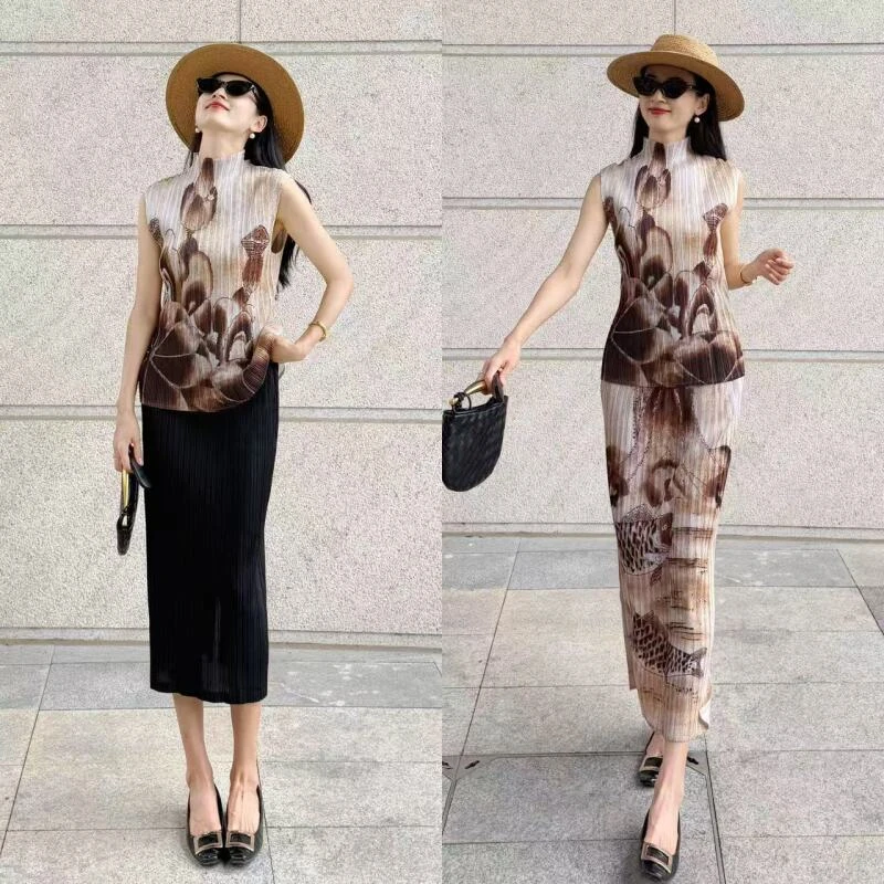 【韩女士穿搭】小半领荷塘月色印花背心无袖气质百搭上衣加半裙