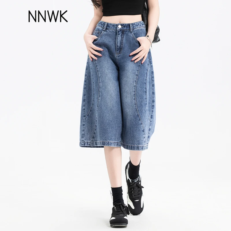 美式牛仔短裤女2025新款天丝棉夏薄款六分裤高腰过膝复古蓝阔腿裤