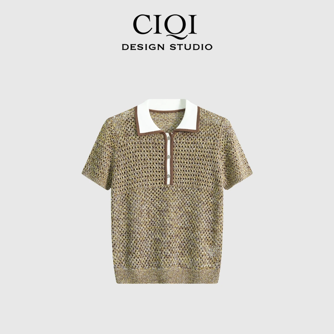 【于月专属】【自由古巴】夏季镂空小众撞色polo针织衫上衣DY25935