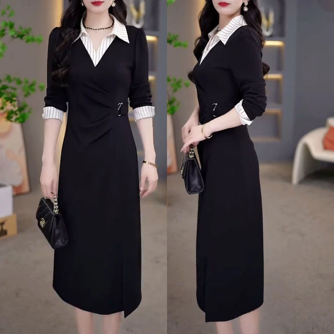 时尚设计感收腰显瘦假两件裙子2025秋季新款通勤简约衬衫式连衣裙