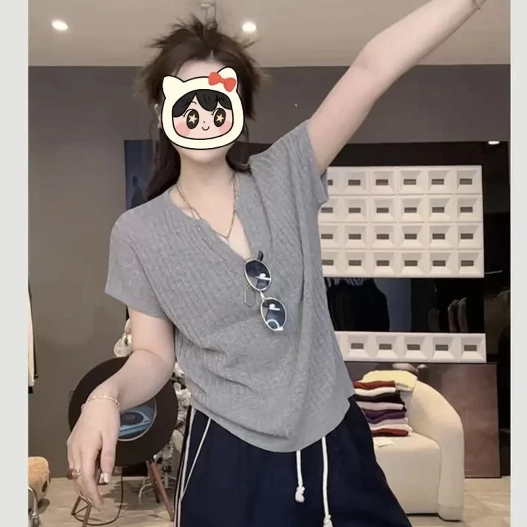 韩系v领短袖针织衫女2025年夏季新款慵懒风时尚纯色透气显瘦上衣