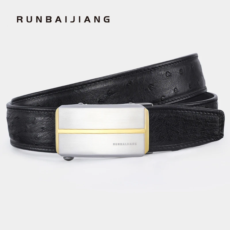 高端鸵鸟自动扣皮带3.4男士商务皮带简约黑色百搭真皮带送礼/自用