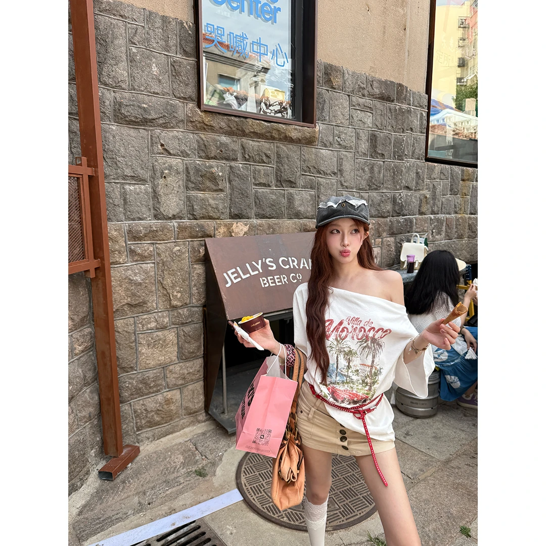 FORNI 放松时刻 100全棉复古美式海岛椰树印花宽松斜肩T恤上衣